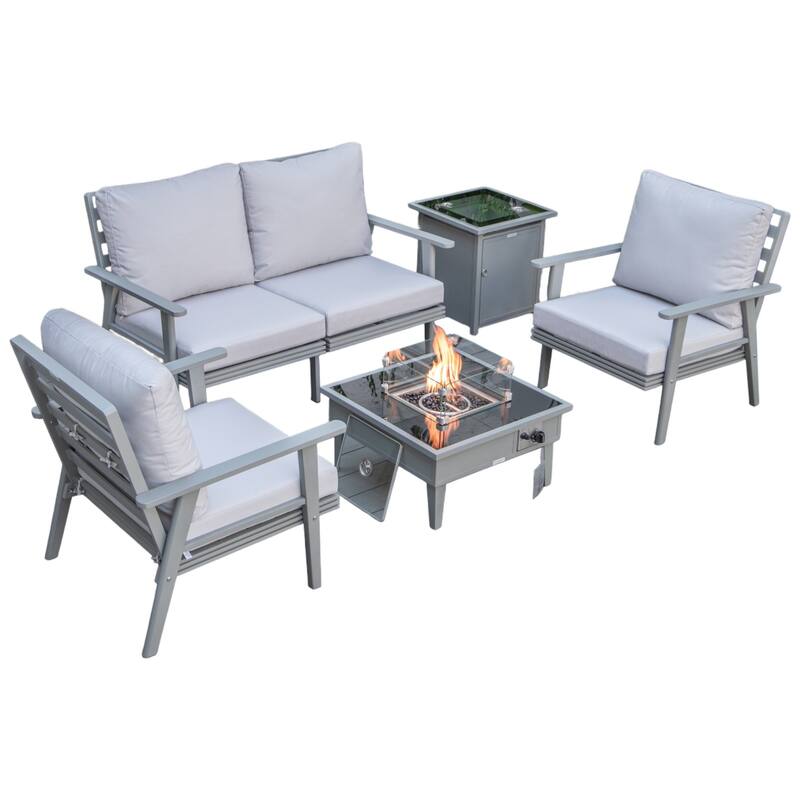 Walbrooke Modern 5-Piece Outdoor Aluminum Frame Patio Furniture Set with Propane Fire Pit Table - Light Grey