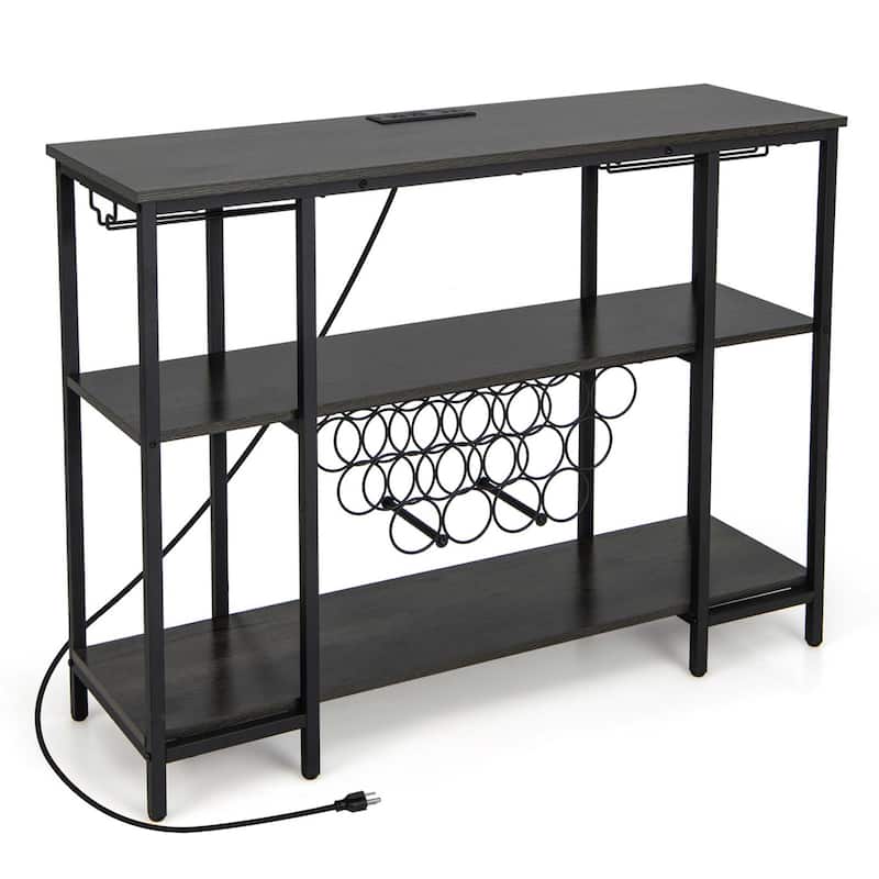 Wine Cabinet Bar Table Rack Table for Drinks Glasses w/ Power Outlets - Grey