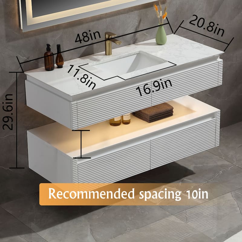 Modland 36/48 Inch LED Floating Vanity with Marble Top & Soft-Close Drawer - Green/White, Wall Drain Ready