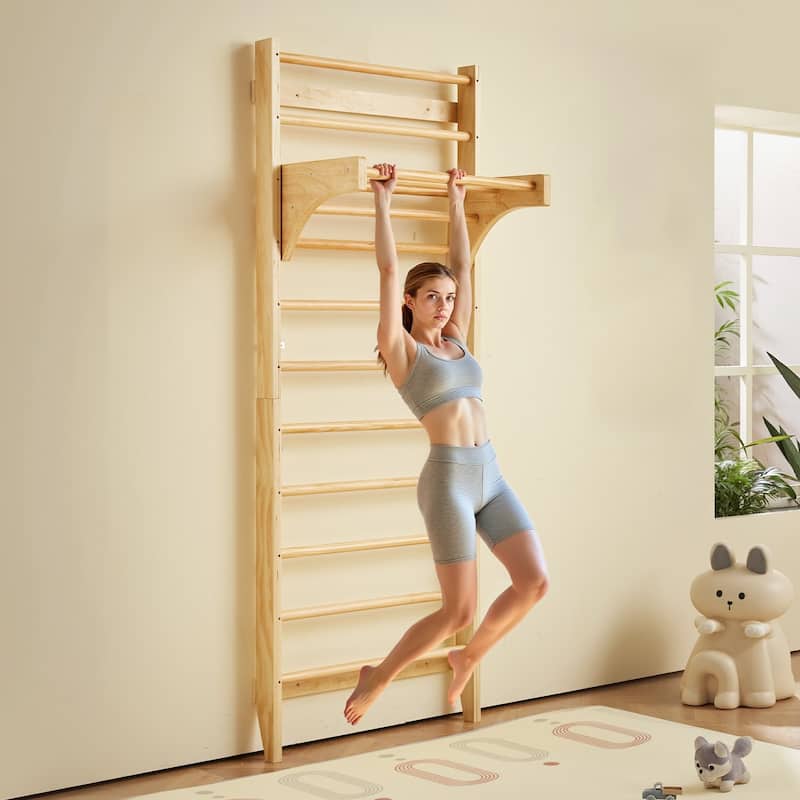 Beige Pine Wood Swedish Wall Ladder Indoor Playground Gym for Kids and Adults with 10 Level Climbing Bars 220 lbs Capacity