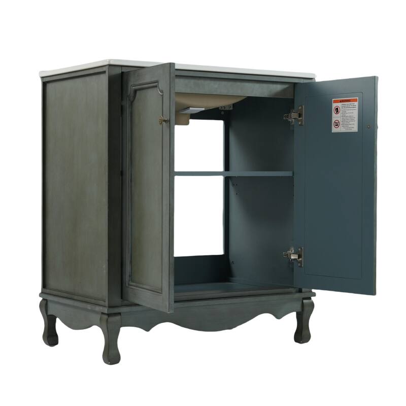 30" Vintage Bathroom Vanity - Rectangle Sink, Antique Handles, Solid Wood Legs, and Adjustable Shelves