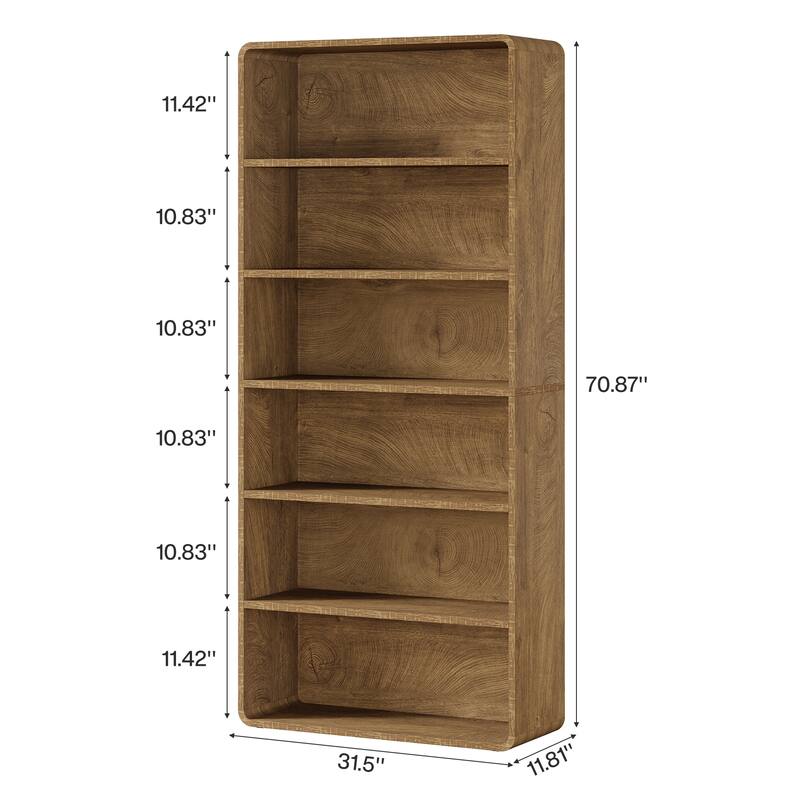 71-Inch Tall Bookcase, 6-Tier Wooden Bookshelf, Freestanding Bookcase
