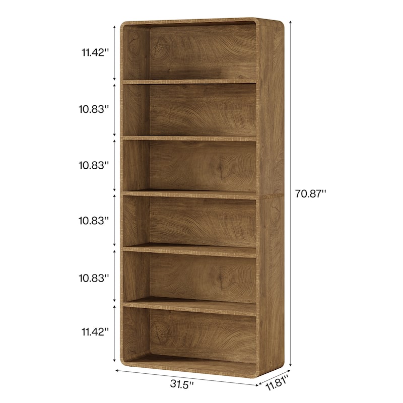 71-Inch Tall Bookcase, 6-Tier Wooden Bookshelf, Open Display Shelf