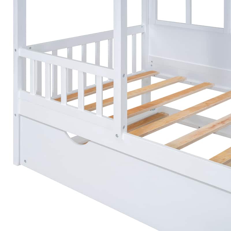 Roomfitters Full/Twin Size Wood House Bed with Twin Trundle, Modern Daybed Frame with Roof Design