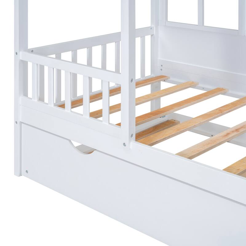 Twin Size Wood House Bed With Twin Size Trundle