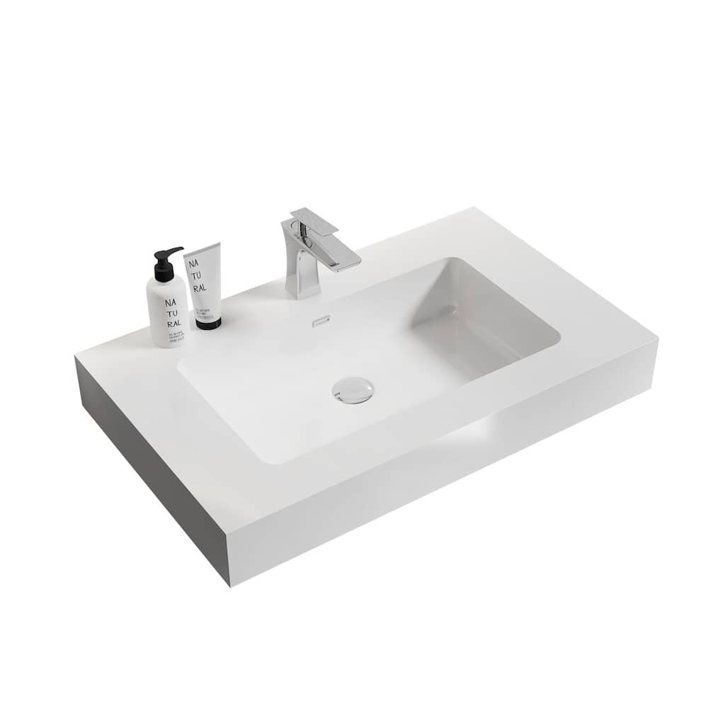 Integrated solid surface basin WITHOUT drain and faucet, glossy white color