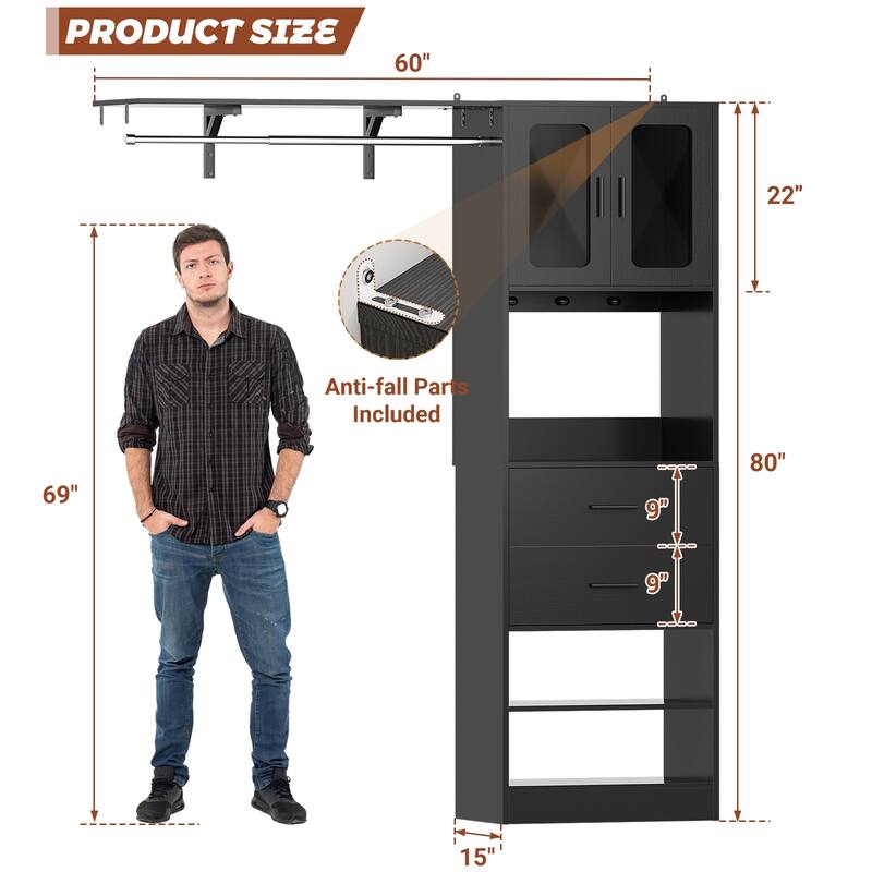 Rackcog Closet System with Doors and Drawers, Storage Organizer with DIY Shelving for Walk-in Closet