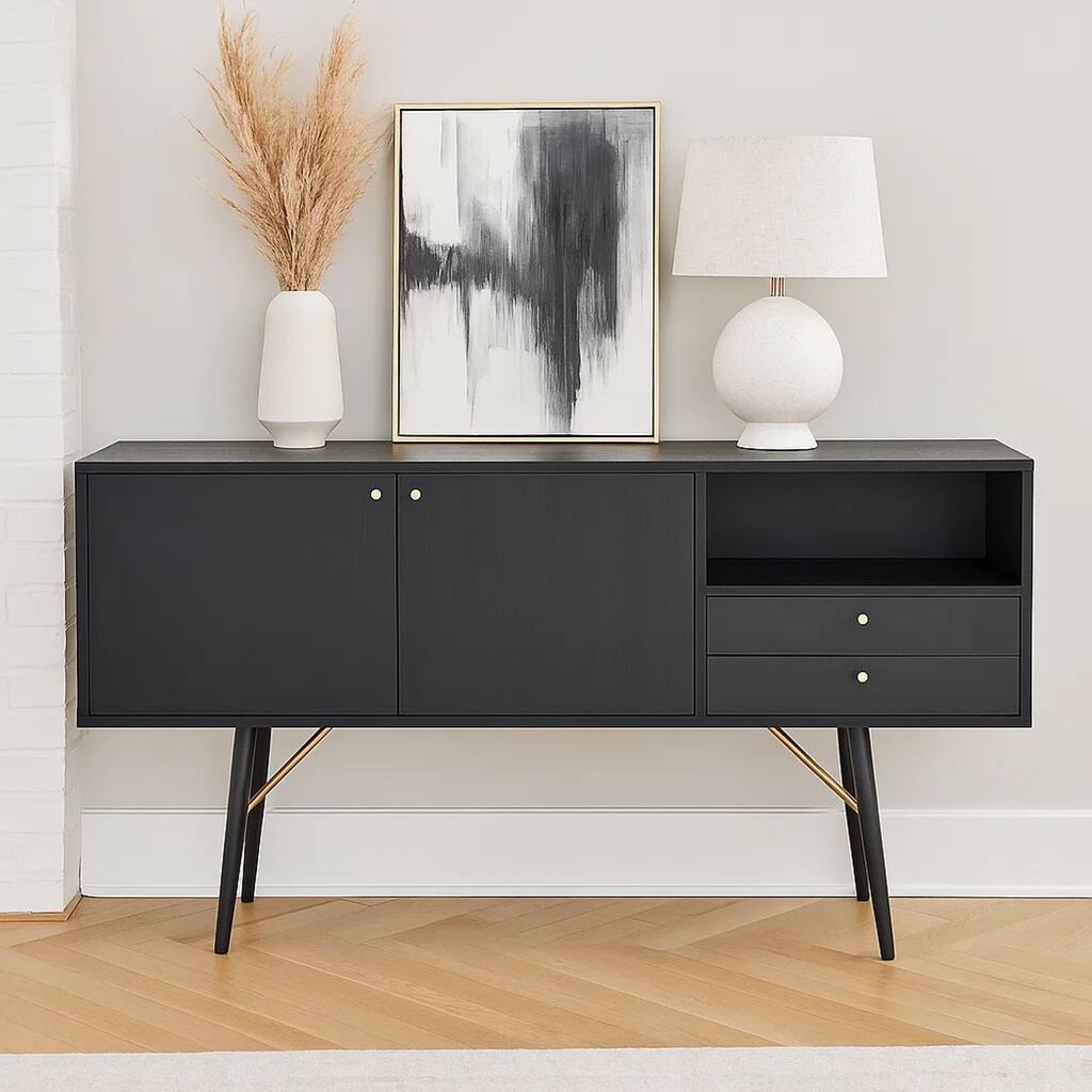 Belo Sideboard Buffet Console, 2 Drawers, Gold Accent, Black, 63 Inch