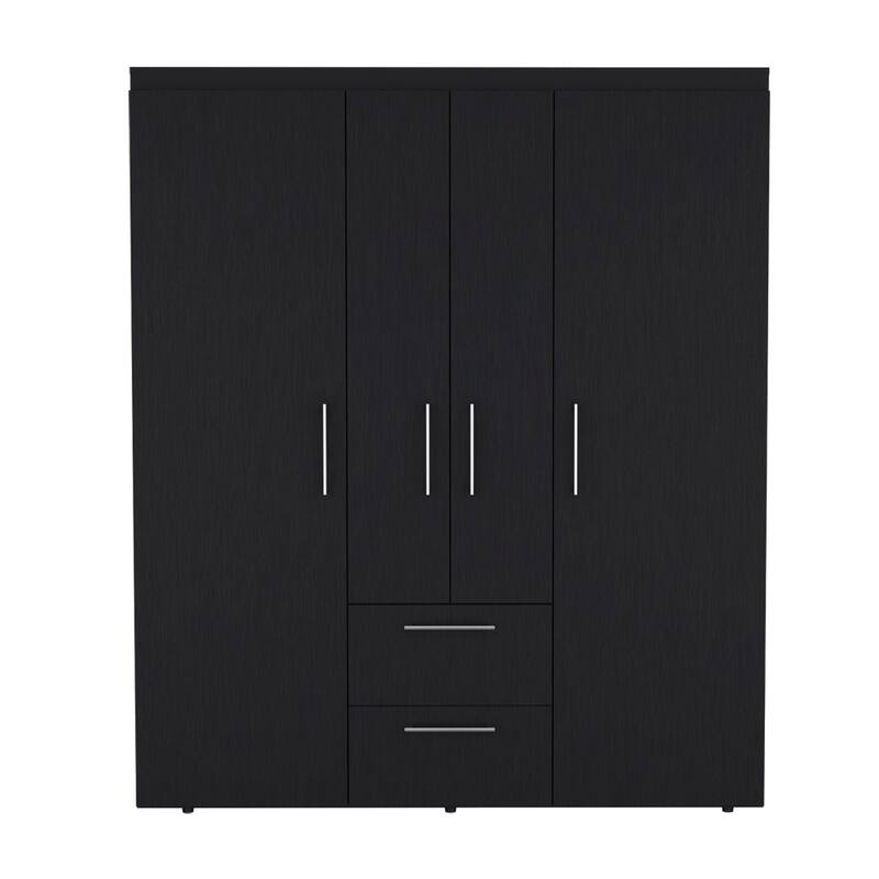 19.8" Modern Four-door Armoire with Hanging Rod, Two Spacious Drawers and Three Shelves - Black