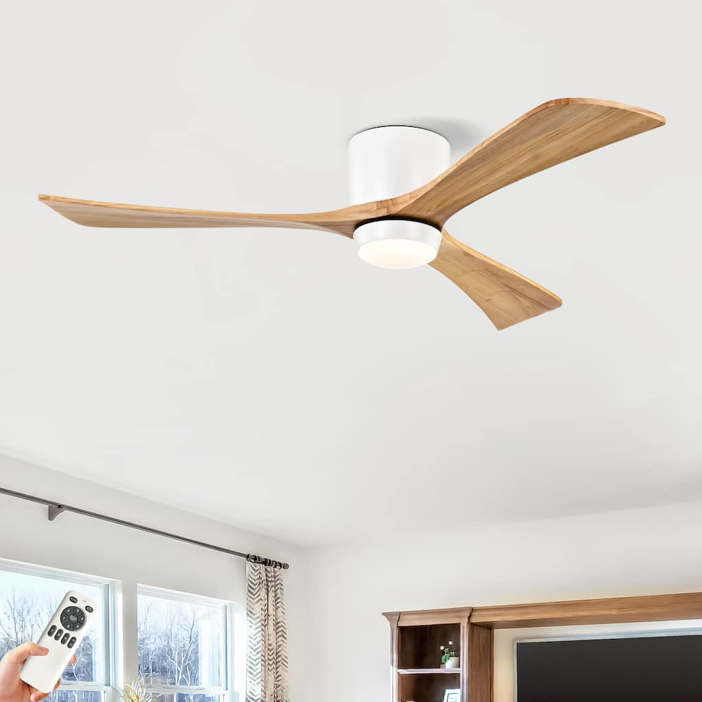 Modern 52-Inch White and Natural Ceiling Fan with Light, Three Sycamore Wood Blades, Remote Control, Quiet DC Motor