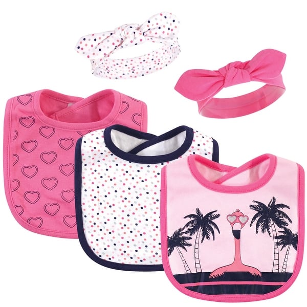 slide 1 of 1, Hudson Baby Infant Girl Cotton Bib and Headband Set 5pk, Tropical Flamingo, One Size - Tropical Flamingo - One Size One Size - Tropical Flamingo