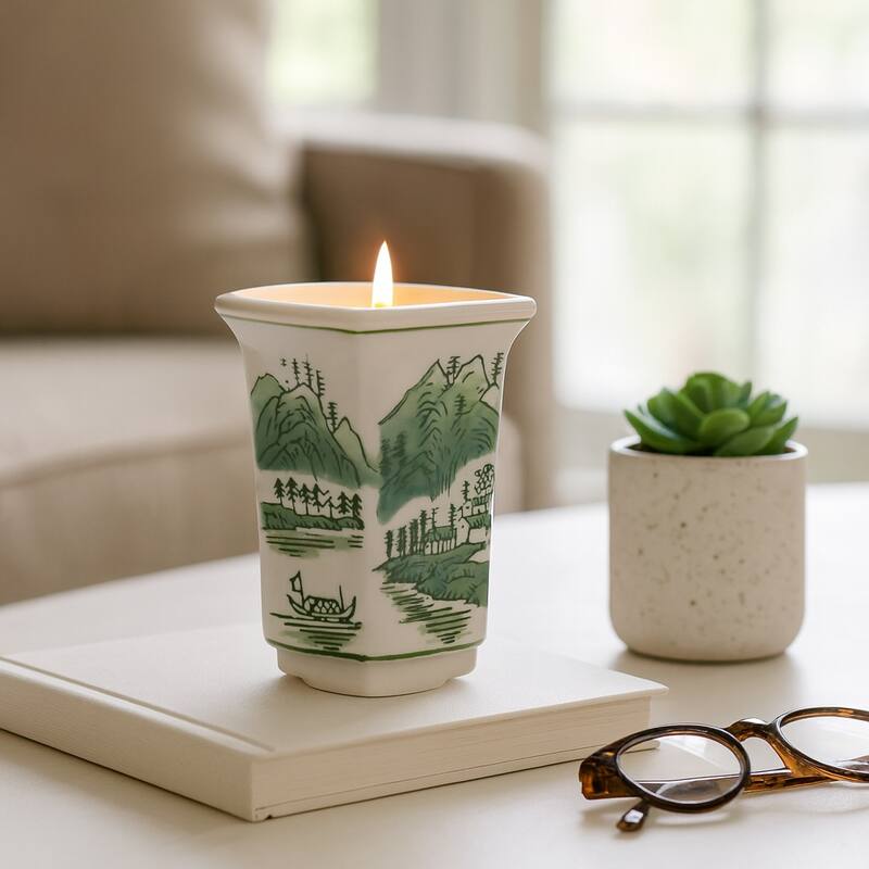Modern Chinoiserie Ceramic Candle - Sage and Eucalyptus Scented