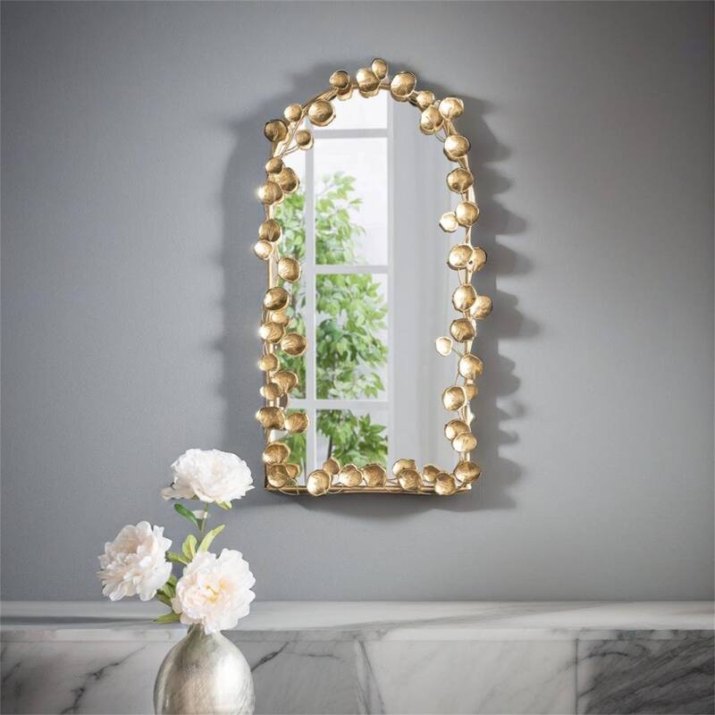 Full Length Arched Wall Mirror with Golden Leaf Accents - Gold