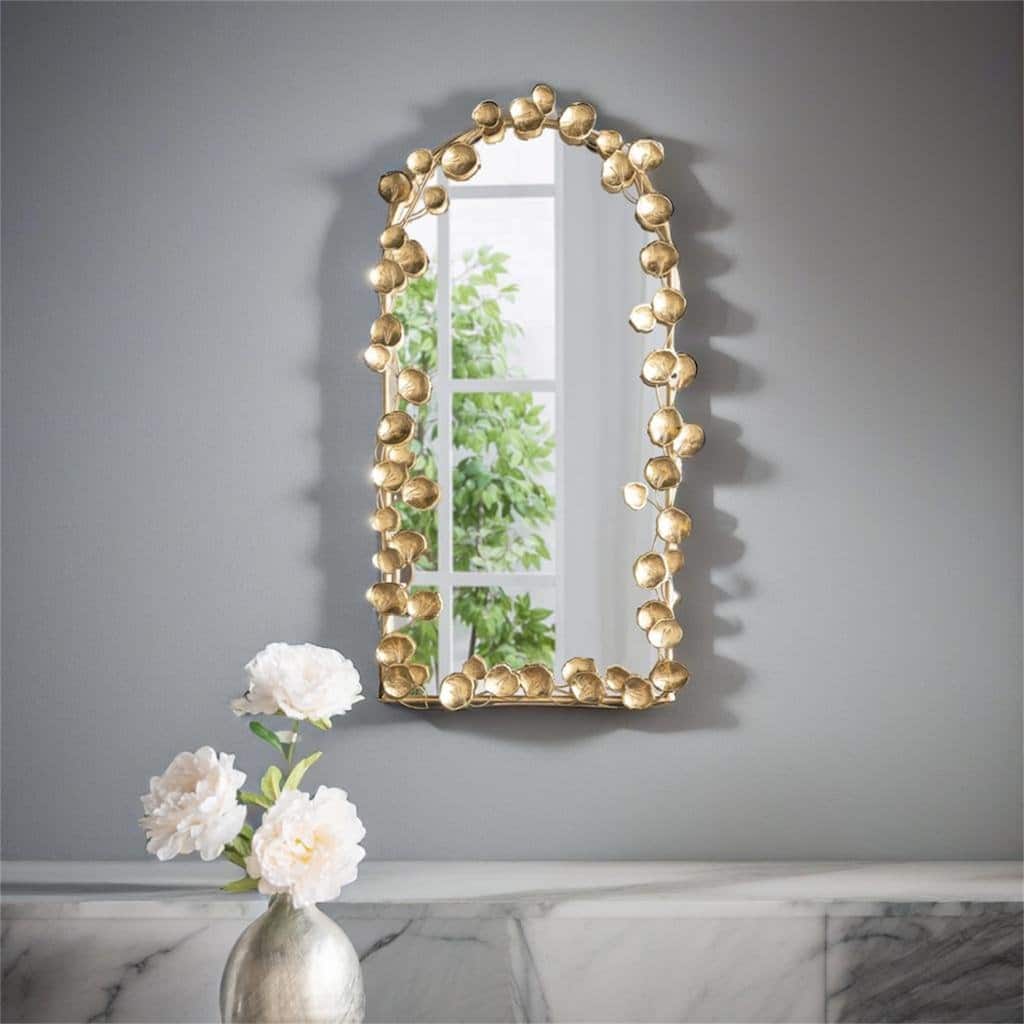 Full Length Arched Wall Mirror with Golden Leaf Accents