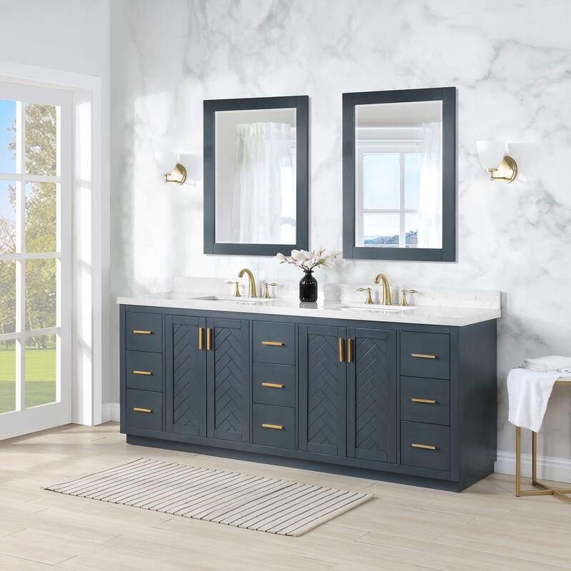 Altair Gazsi Bathroom Vanity with Composite Stone Countertop with Mirror - 84 in - Charcoal Blue + Warm Gold