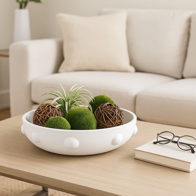 Pottery Clay Bowl Raised Dot-Textured Accents for Home - 14" White - 14.0" - White - 14.0"