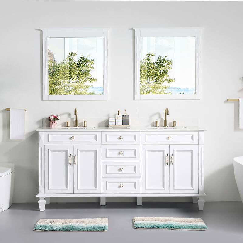 35'' H Solid Wood Bath Vanity with Stain-resistant Carrera White Quartz Top and Double Sink