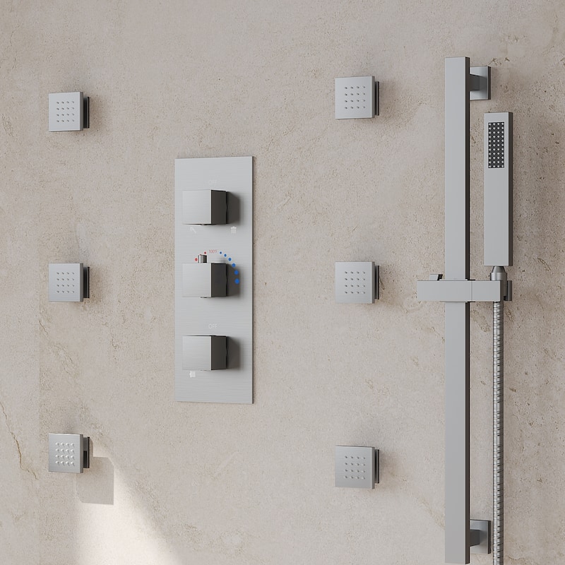 GRANDJOY Thermostatic Shower Faucet Set 12" Wall Mount Rainfall Shower Head Handheld Spray with Slide Bar Body Jets