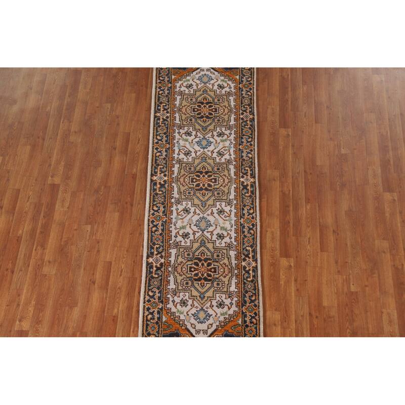 Geometric Beige Heriz Serapi Runner Rug Hand-Knotted Wool Carpet - 2'5"x 8'1"