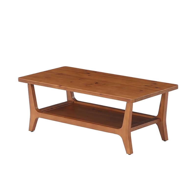 47'' Solid Wood Coffee Table with Open Storage Shelf, Mid-Century Rectangle Center Table - Brown