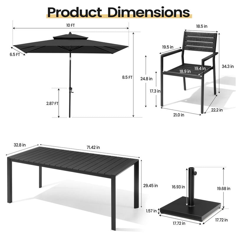 9-Piece Outdoor Patio Dining Set Wood Like Aluminum Umbrella Hole Table with Stackable Armchairs, Market Umbrella and Base