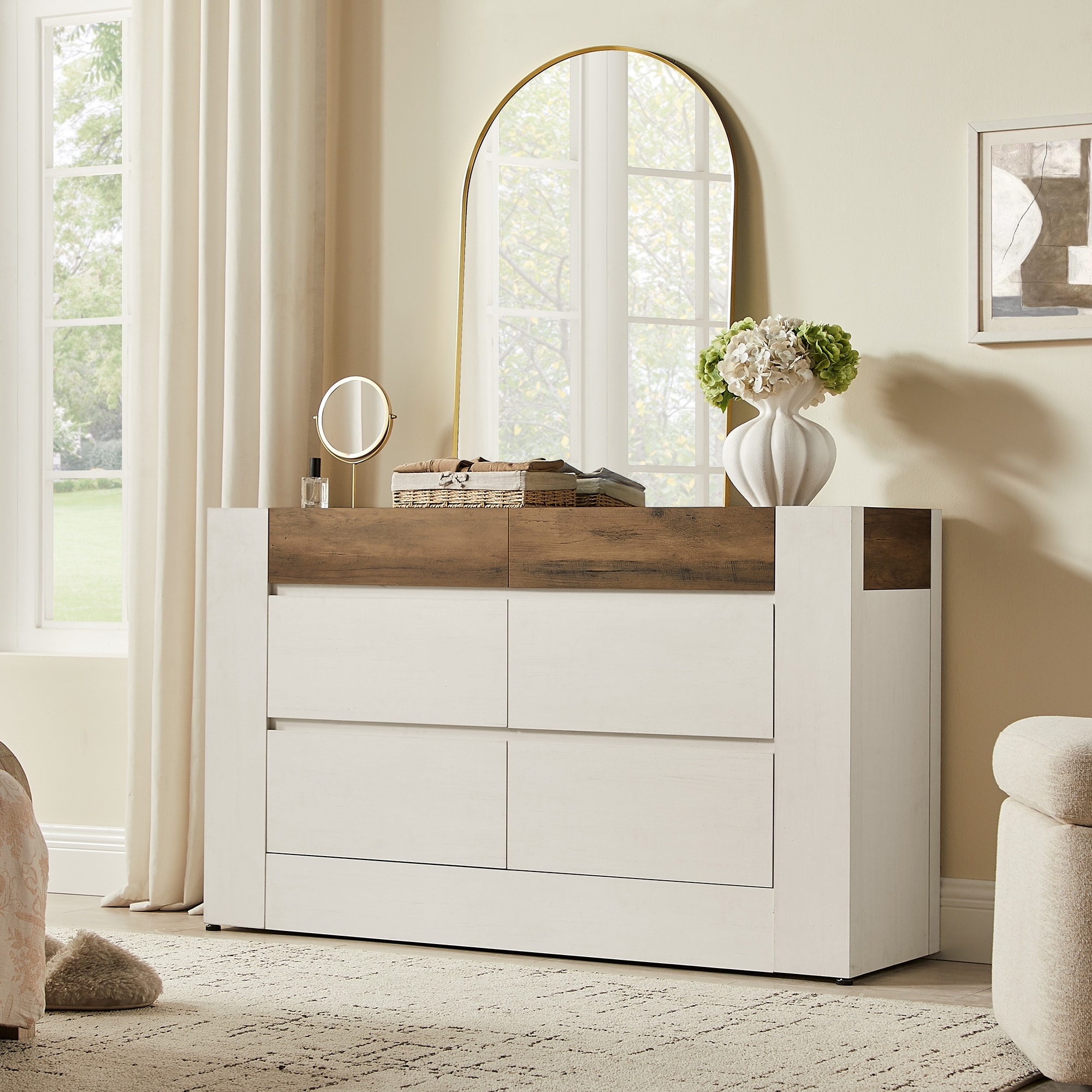 6 drawer chest dresser LACOO 47.2 in. Double Dresser, MDF Of Drawers Storage Tower Storage for Living Room Bedroom, White Living Room 6-Drawer Dresser with Clothes Rack