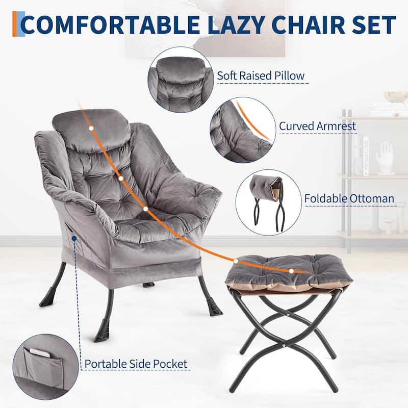 2Pcs Lazy Chair with Ottoman, Modern Lounge Accent Chair,Leisure Sofa Armchair with Footrest,Reading Armchair
