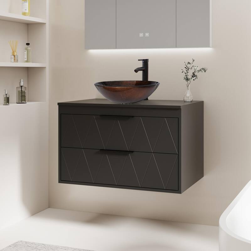 Modern Wall Mounted Bathroom Vanity Set with Vessel Sink & Faucet - black-30 in - 30-2 Glass brown round sink