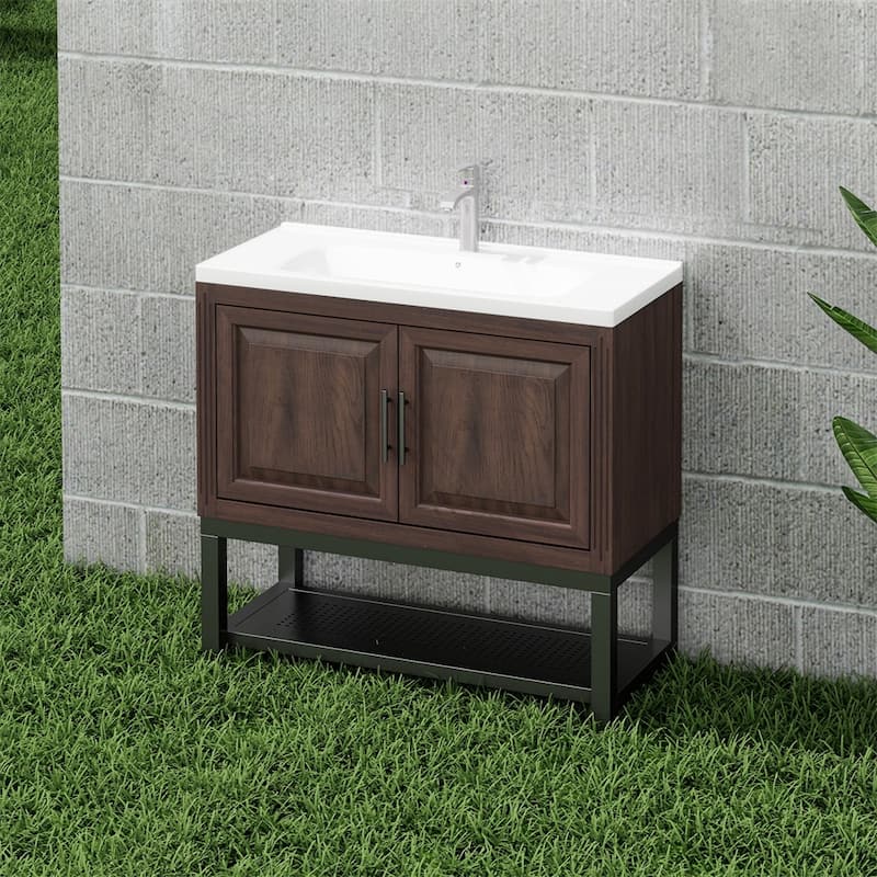 36" Bathroom Vanity with White Ceramic Sink & Hot and Cold Faucet