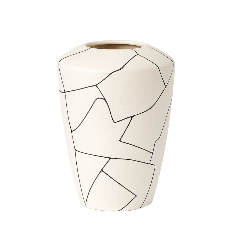 Modern Abstract Milky White Ceramic Vase with Black Line Design - White