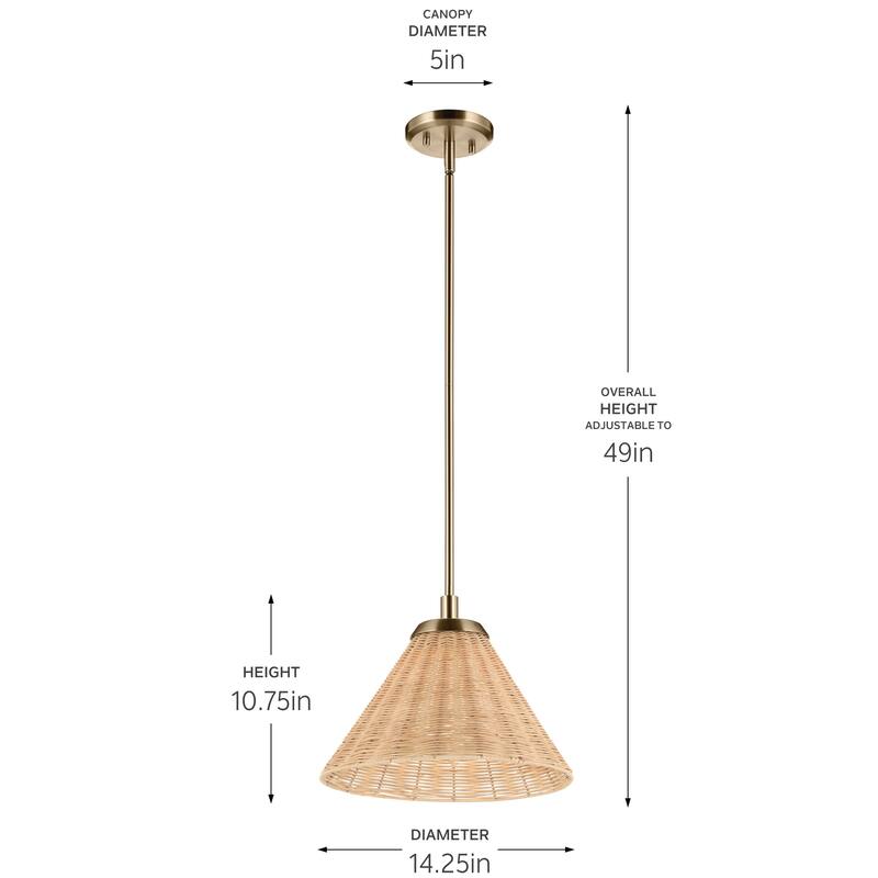 Kichler Lighting Bekah 14.25 Inch 1 Light Convertible Pendant with Opal Glass and Handwoven Rattan Shade in Champagne Bronze