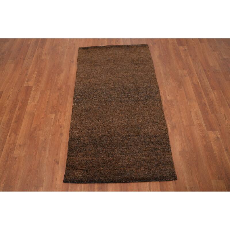 Hand Knotted Oriental 100% Wool Carpet Modern Solid Brown Gabbeh Runner Rug - 4' 6'' X 2' 5''