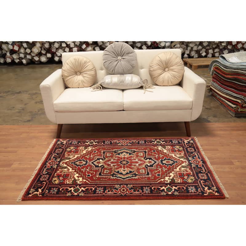 Hand Knotted Oriental 100% Wool Carpet Traditional Medallion Oranges & Rust Heriz (serapi) Area Rug - 4' 11'' X 3' 1''