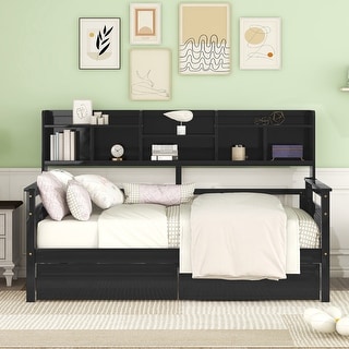 Twin size Daybed, Wood Slat Support, with Bedside Shelves and 2 Drawers for Kids Teens Adults Storage Bed Frame, Espresso
