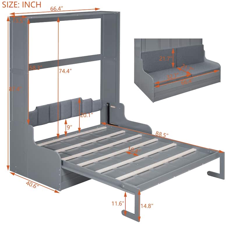 Gray Modern Queen Murphy Bed with Cushion