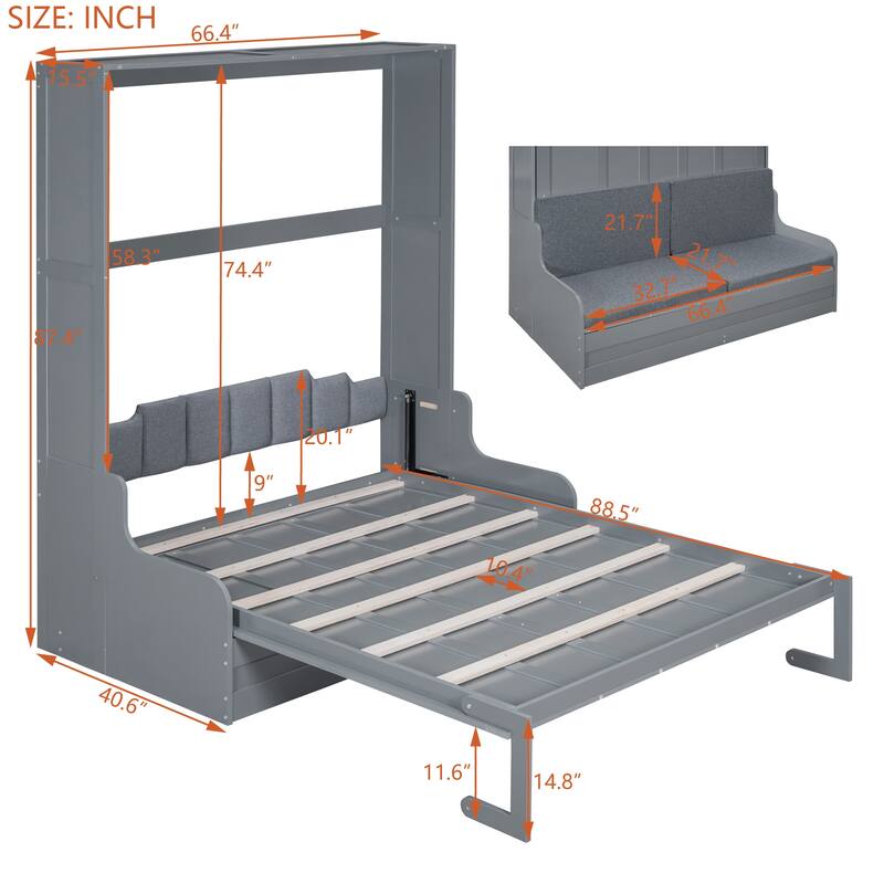 Gray Modern Style Queen Size Multi-function Murphy Bed with Cushion for Bedroom