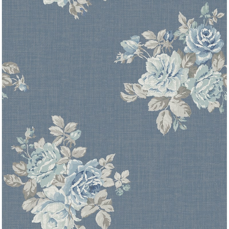 Seabrook Designs Aubree Rose Bouquet Unpasted Wallpaper - 20.5 in. W x 33 ft. L - Metallic Antique Blue