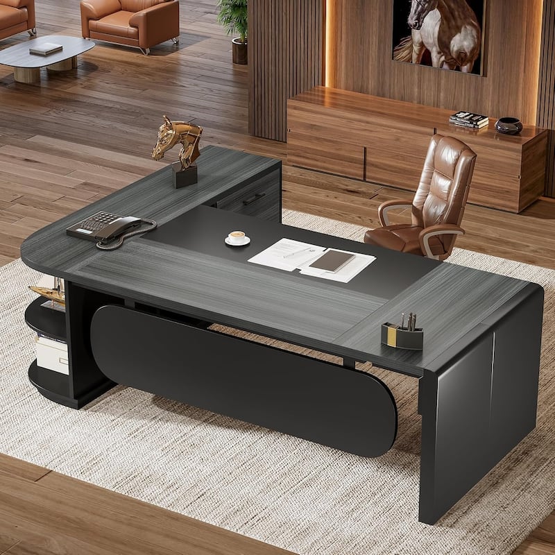 80'' Executive Desk, L-Shaped Office Table with 55'' Cabinet