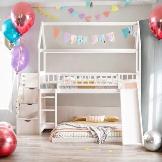 Friendly Design Twin Over Twin Bunk Bed with Two Drawers and Slide, House Bed with Slide