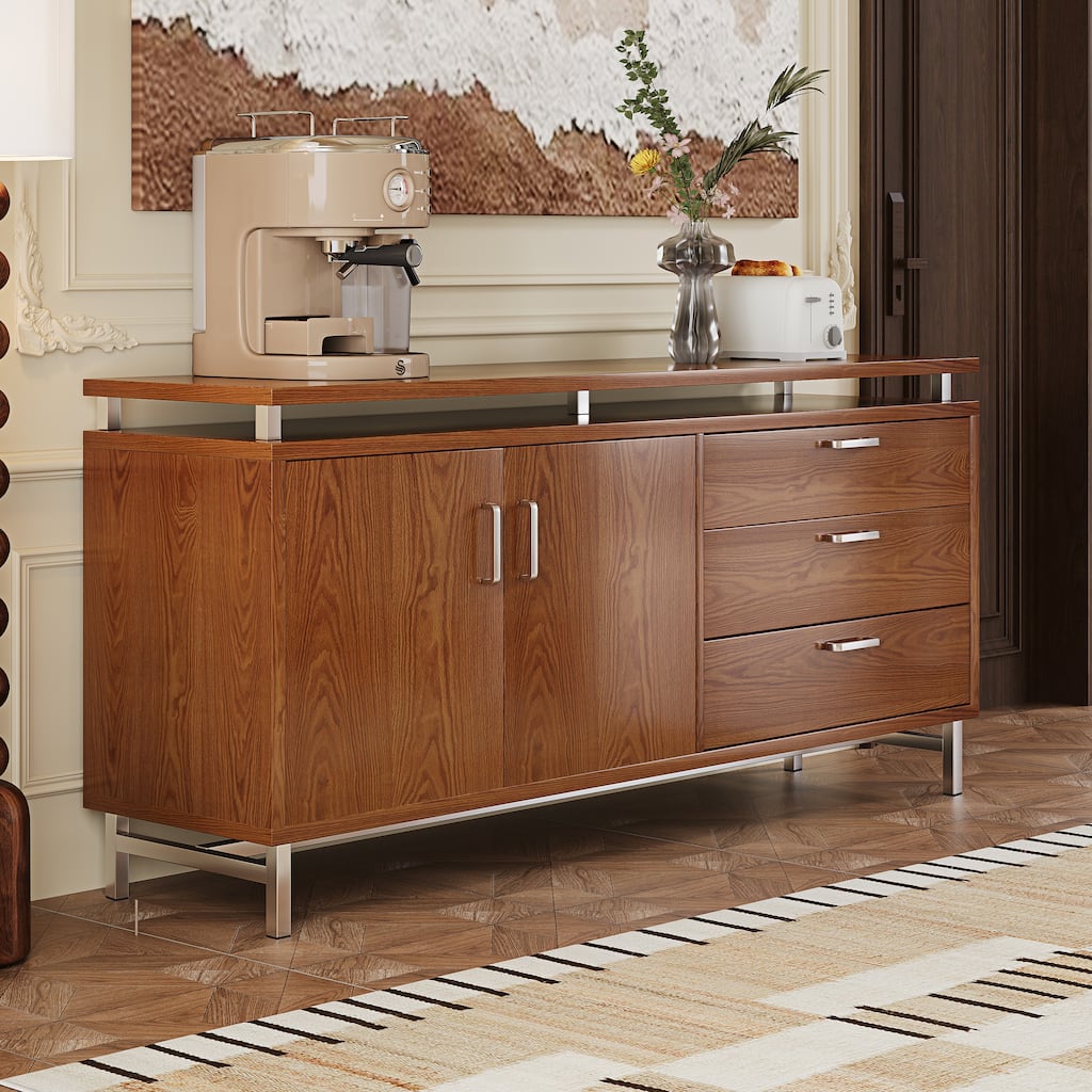59'' Sideboard Buffet Cabinet With Metal Legs, 3 Wood Drawers And 2-Door Storage Cabinet