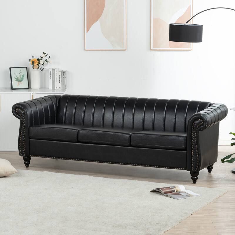 Chesterfield Sofa 83.46" with PU Leather, Quilted Backrest, Birch Legs