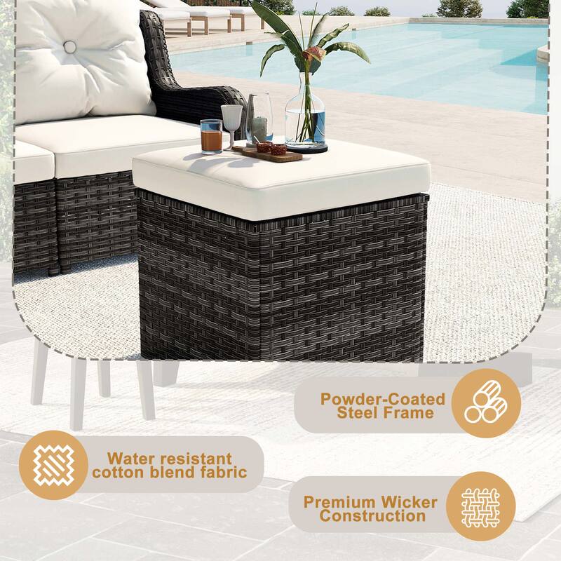 Outdoor 17.7" W Square Rattan Ottoman Patio Ottoman with Seat Cushion