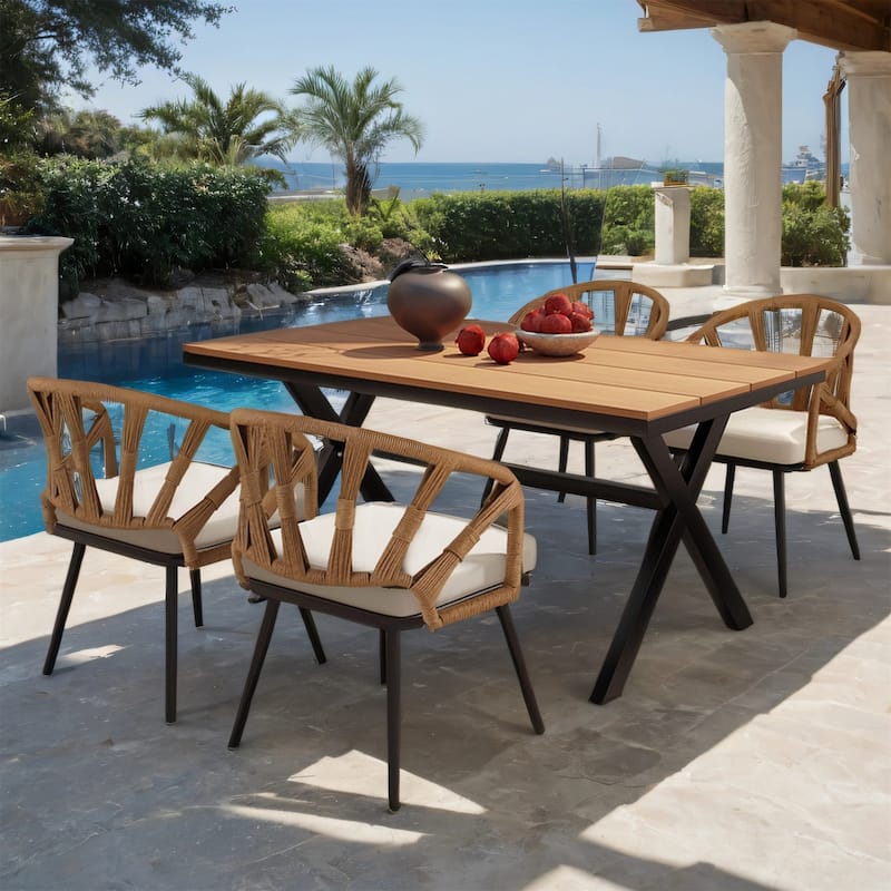 Modern Outdoor Dining Set w/ PE Rattan Chairs,Plastic Wood Table,5 Pcs