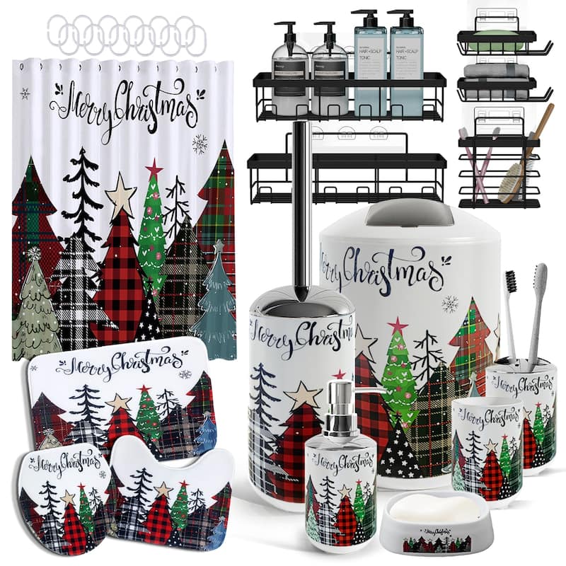 Empyrean Christmas Bathroom Set - Holiday Shower Curtain & Accessories with Soap Dispenser, Toilet Brush & Trash Can - Complete Set + Bath Rugs + Shower Caddy - Christmas
