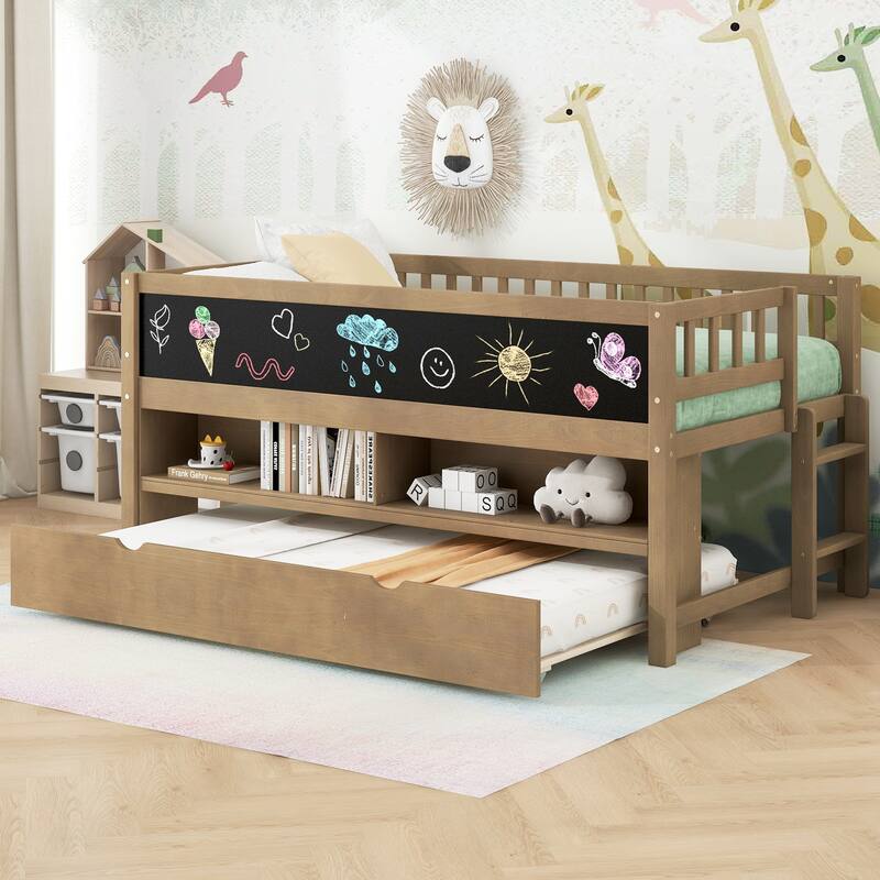 Twin Size Low Loft Bed with Trundle, Solid Wood Bed Frame with Storage Shelves & Blackboard, Space-Saving Design for Small Rooms - Walnut - Twin