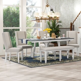 6-Piece Dining Table Set 4 Woven Fabric Upholstered Chairs and Bench ...
