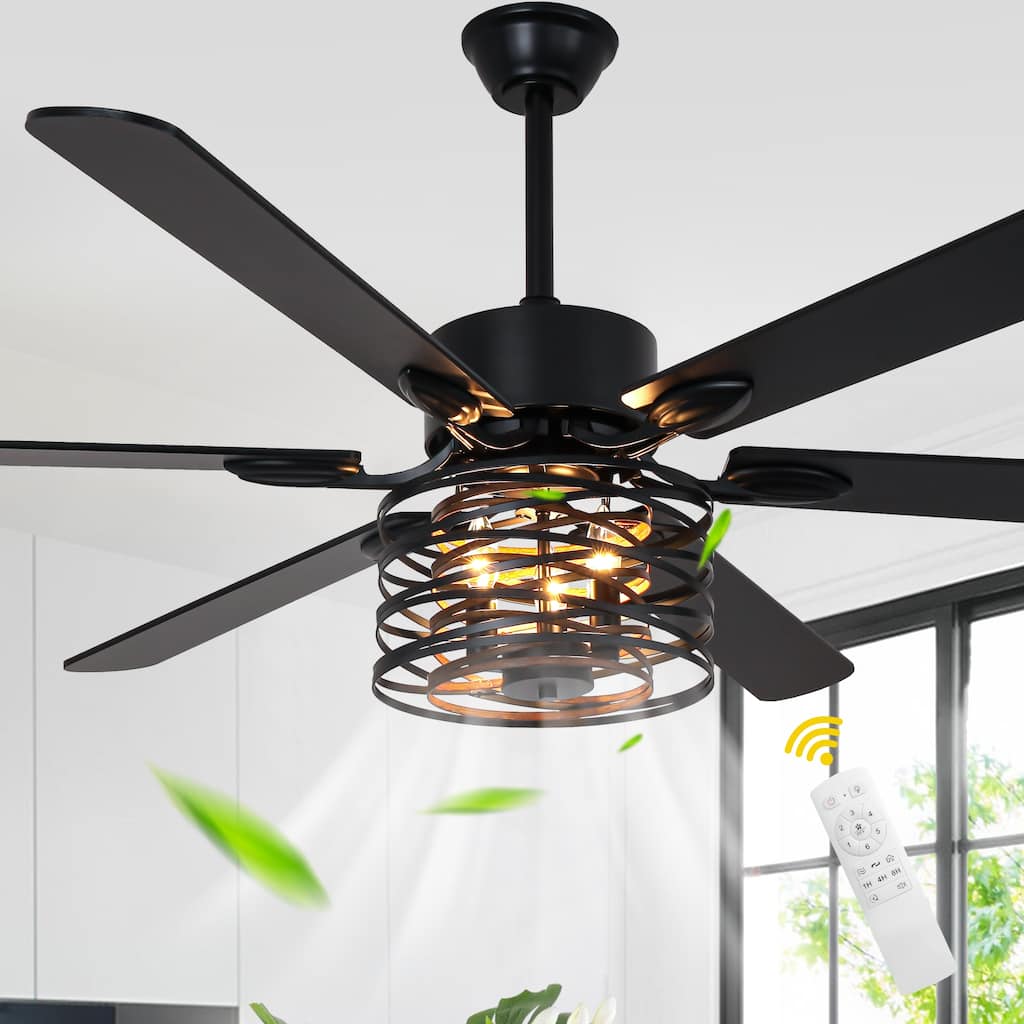 Bella Depot 65" Industrial Metal Cage Ceiling Fan with Light and Remote 6-Speed Reversible Fan