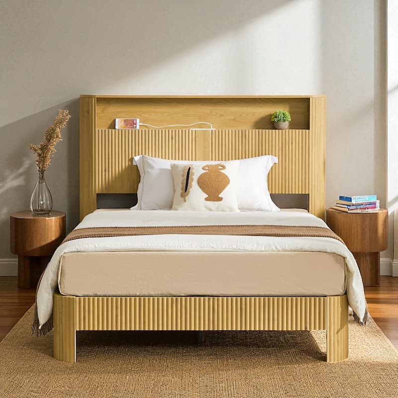 Full XL/Queen Bed Frame with Storage Headboard, USB Charging Station, Noise-Free Metal Platform with Curved Design