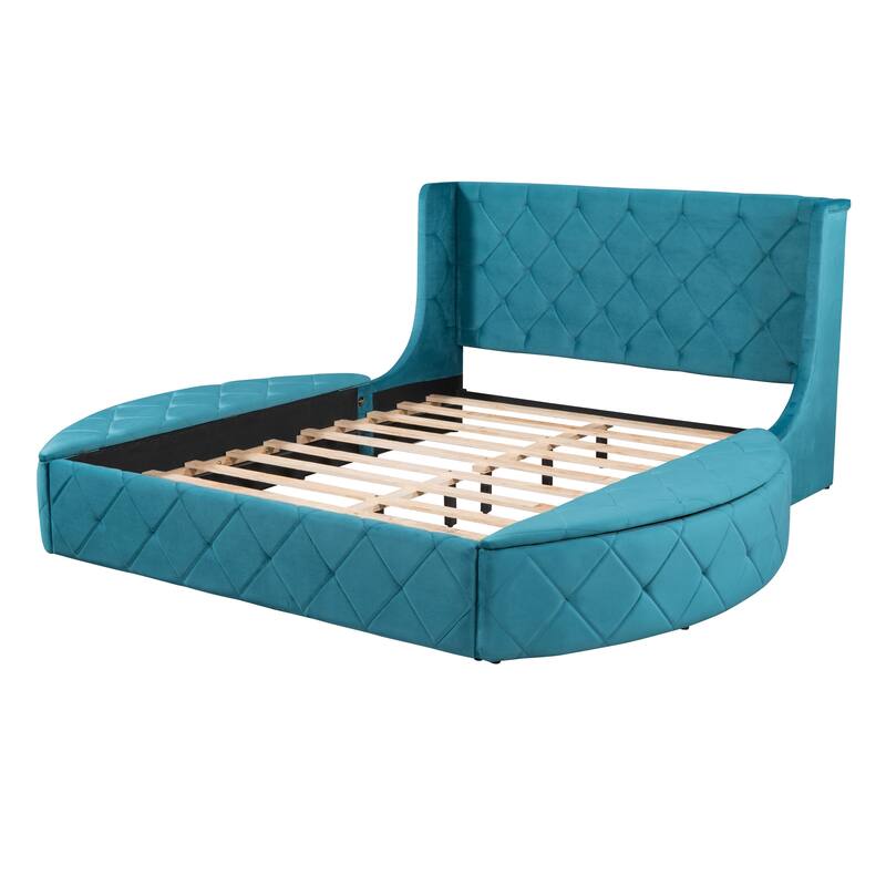 Upholstered Platform Bed Storage Velvet Bed with Wingback Headboard and 1 Big Drawer,2 Side Storage Stool