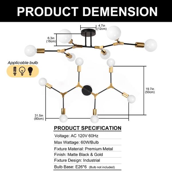 6-Light Modern Semi Flush Mount Ceiling Light Fixture Sputnik ...